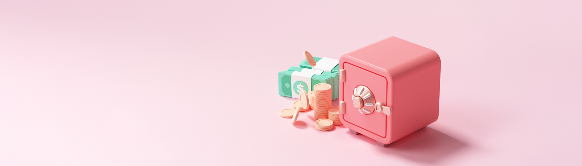 Comichafte Abbildung eines rosafarbenen Safes mit Münzen und Dollarnoten vor pastelligem Hintergrund