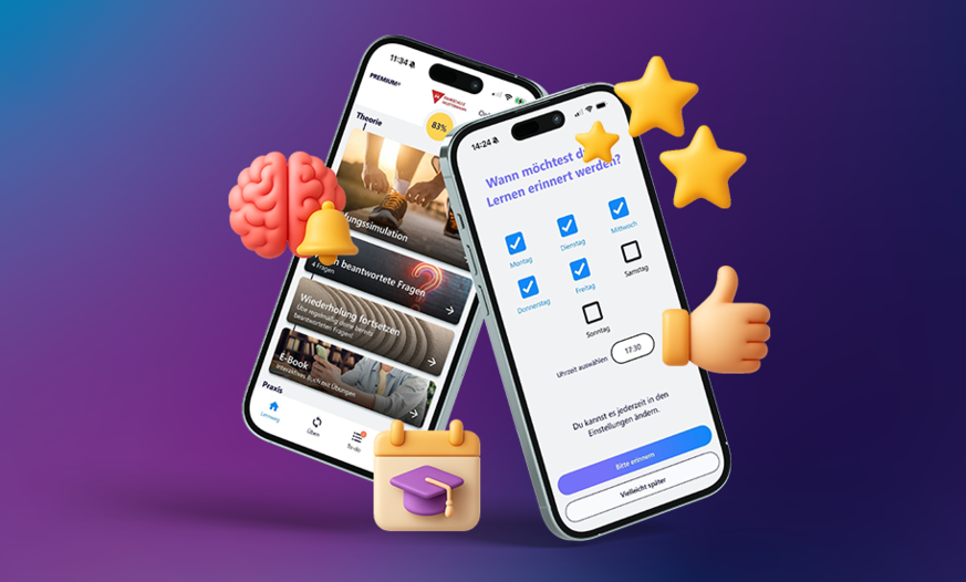 Zwei Smartphones mit Fahren Lernen Screenshots zur Erinnerungsfunktion umgeben von dreidimensionalen Emojis