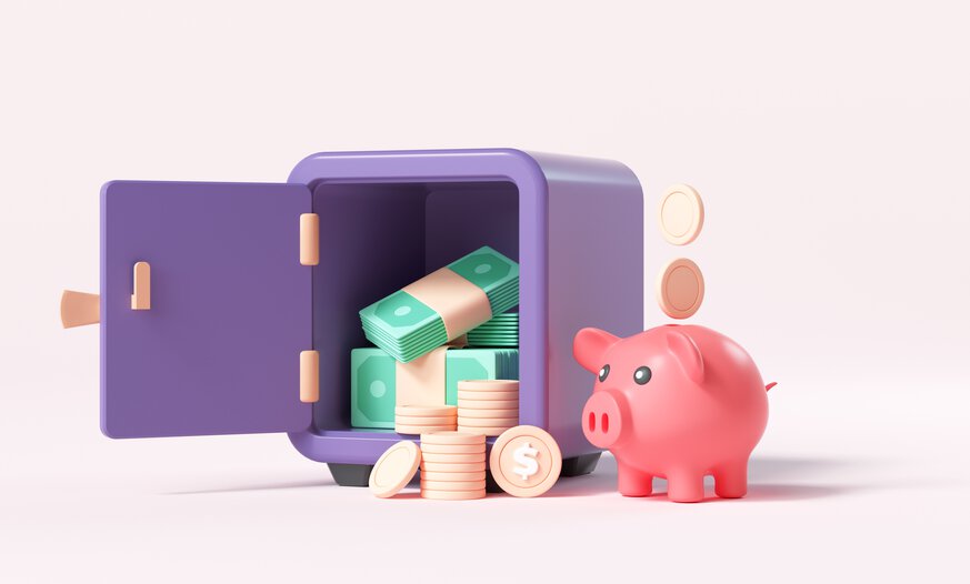 Sparschwein und Tresor Lila Tresort mit Banknoten und Münzen daneben rosa Sparschwein